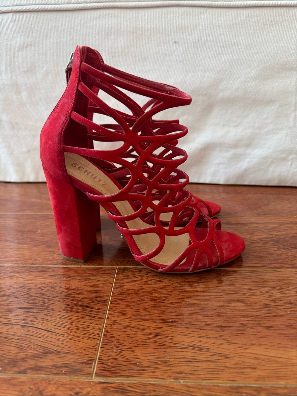 SCHUTZ Red Suede Strappy Cutout Block Heel Sandals